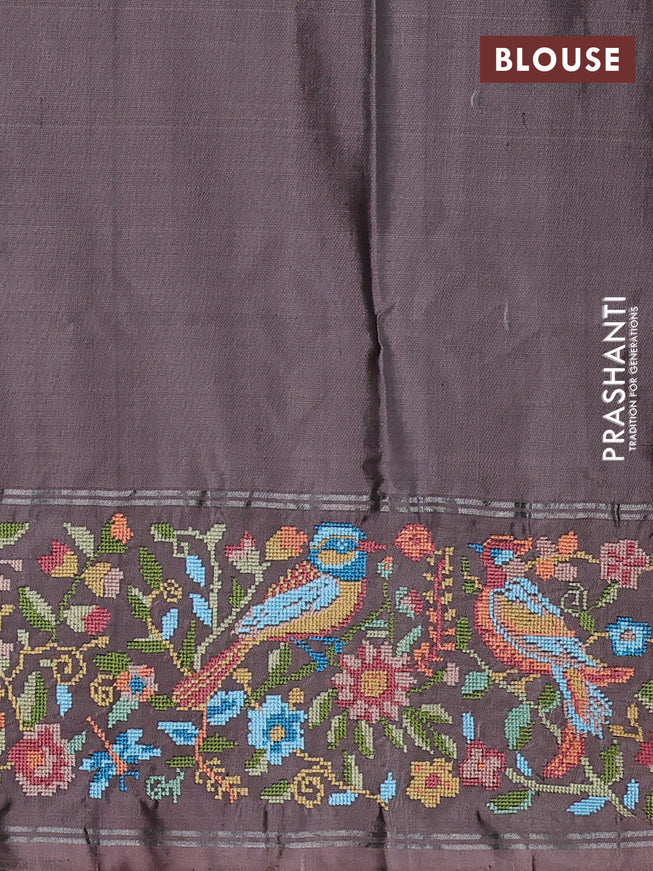 Pure soft silk saree deep maroon and pastel brown with allover silver zari woven buttas and zari woven kutch embroidery