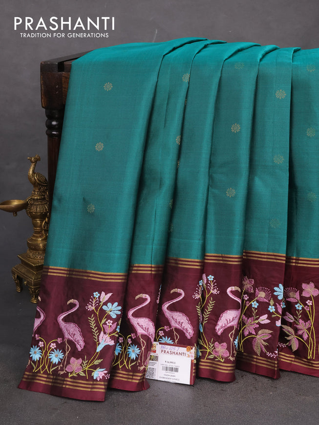 Pure soft silk saree green and wine shade with zari woven buttas and zari woven kutch embroidery