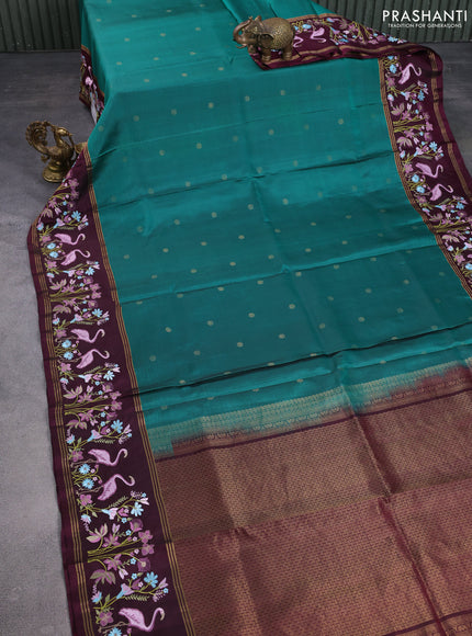 Pure soft silk saree green and wine shade with zari woven buttas and zari woven kutch embroidery