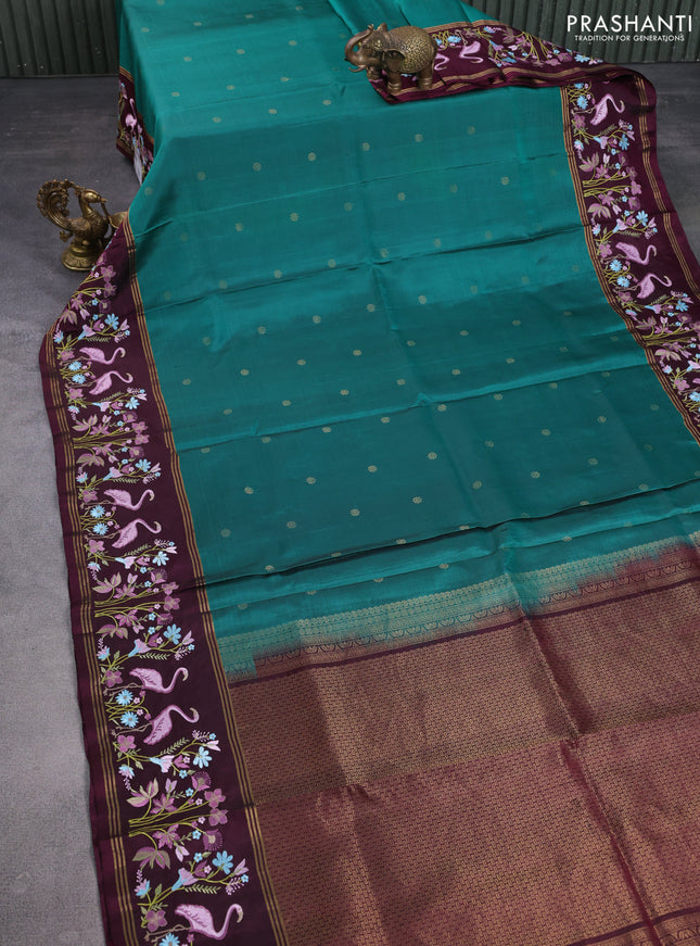 Pure soft silk saree green and wine shade with zari woven buttas and zari woven kutch embroidery