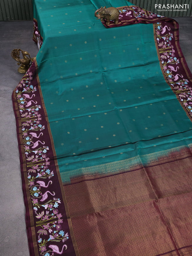 Pure soft silk saree green and wine shade with zari woven buttas and zari woven kutch embroidery