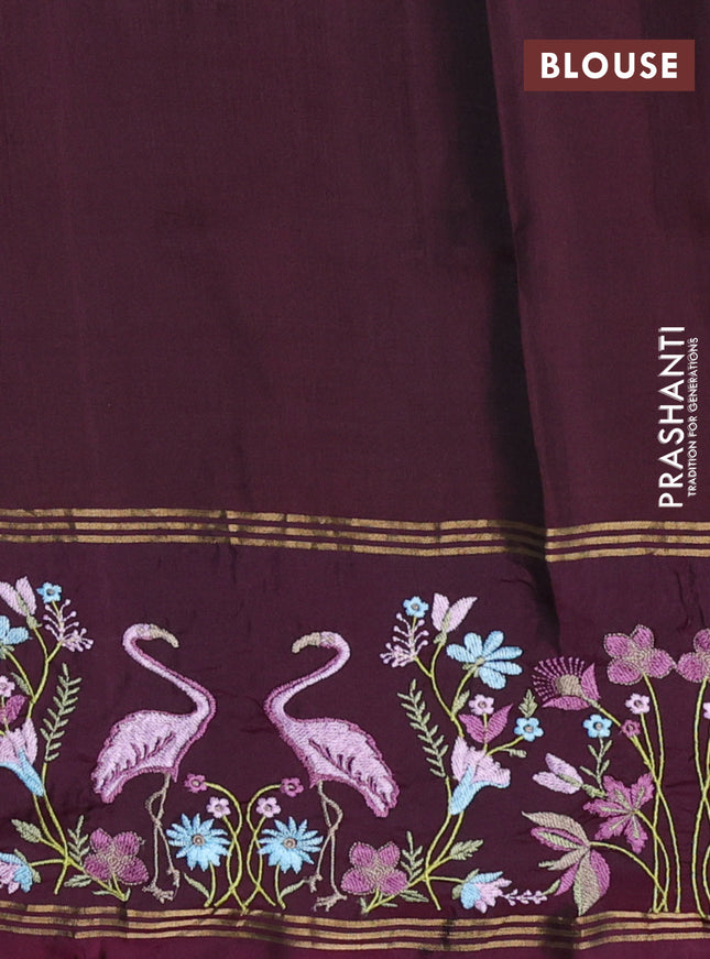 Pure soft silk saree green and wine shade with zari woven buttas and zari woven kutch embroidery