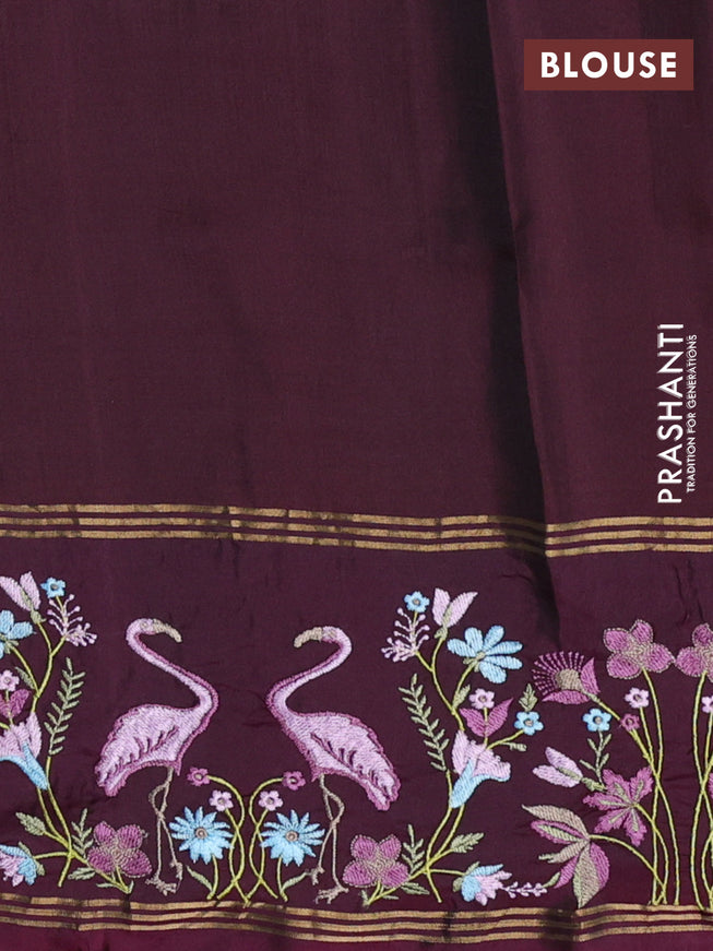 Pure soft silk saree green and wine shade with zari woven buttas and zari woven kutch embroidery