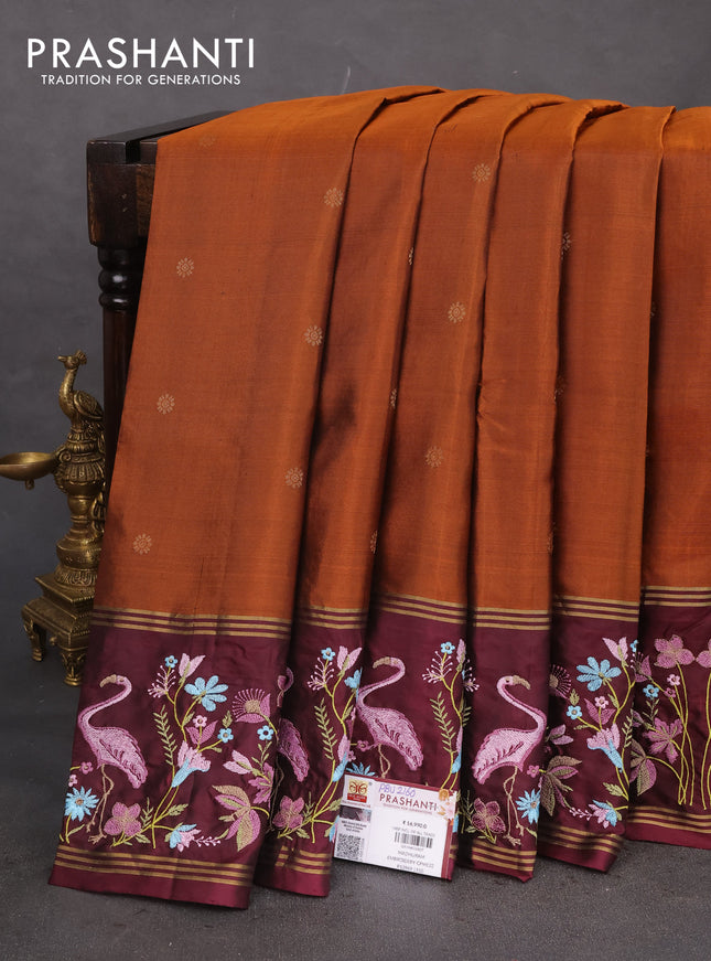 Pure soft silk saree rust shade and wine shade with zari woven buttas and zari woven kutch embroidery