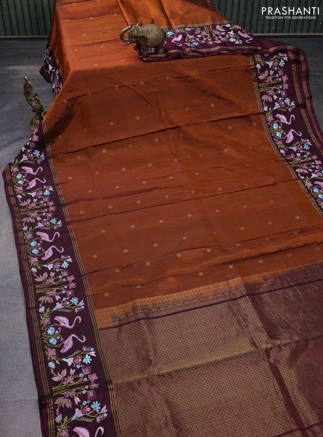 Pure soft silk saree rust shade and wine shade with zari woven buttas and zari woven kutch embroidery