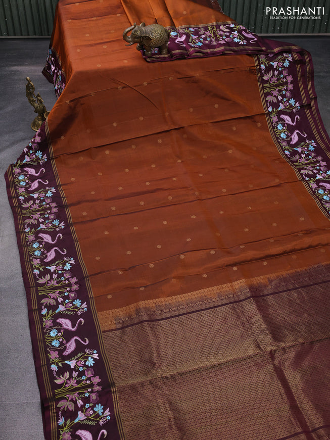Pure soft silk saree rust shade and wine shade with zari woven buttas and zari woven kutch embroidery