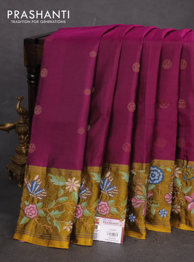Pure soft silk saree purple and dark mustard with zari woven buttas and zari woven kutch embroidery