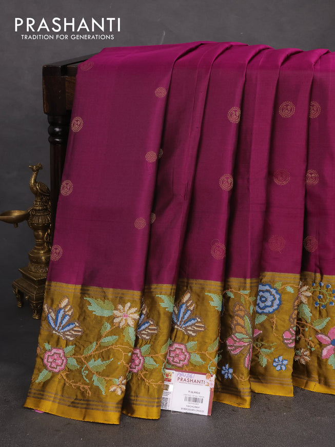 Pure soft silk saree purple and dark mustard with zari woven buttas and zari woven kutch embroidery