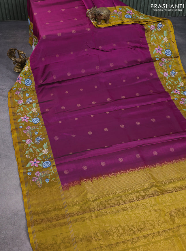 Pure soft silk saree purple and dark mustard with zari woven buttas and zari woven kutch embroidery