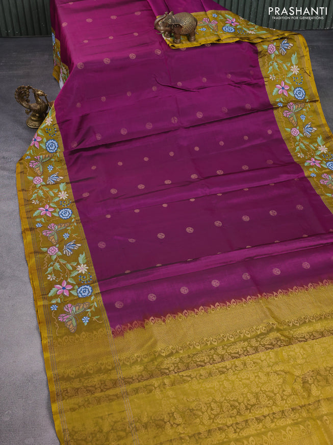 Pure soft silk saree purple and dark mustard with zari woven buttas and zari woven kutch embroidery