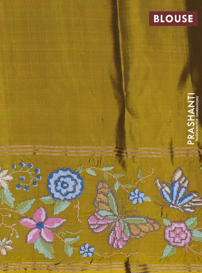Pure soft silk saree purple and dark mustard with zari woven buttas and zari woven kutch embroidery