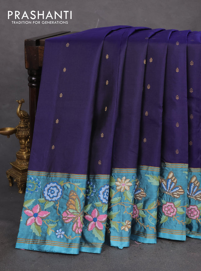 Pure soft silk saree dark blue and teal blue with zari woven buttas and zari woven kutch embroidery