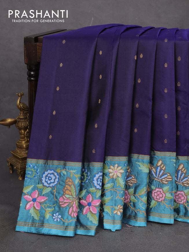 Pure soft silk saree dark blue and teal blue with zari woven buttas and zari woven kutch embroidery