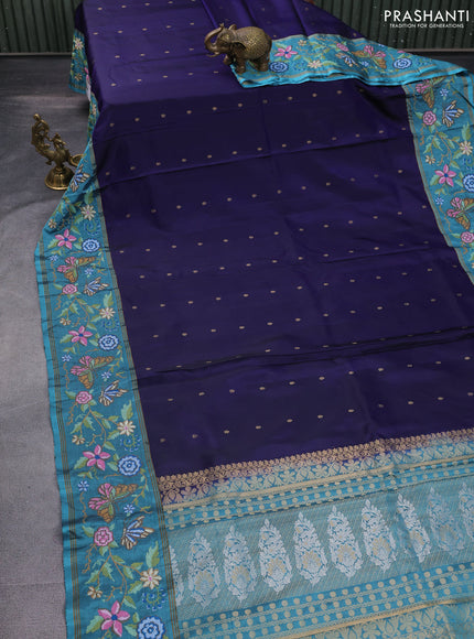 Pure soft silk saree dark blue and teal blue with zari woven buttas and zari woven kutch embroidery