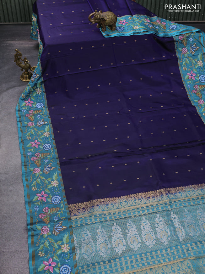 Pure soft silk saree dark blue and teal blue with zari woven buttas and zari woven kutch embroidery