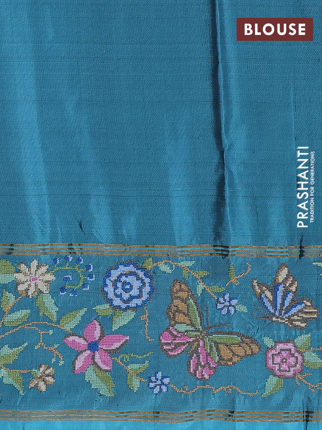 Pure soft silk saree dark blue and teal blue with zari woven buttas and zari woven kutch embroidery