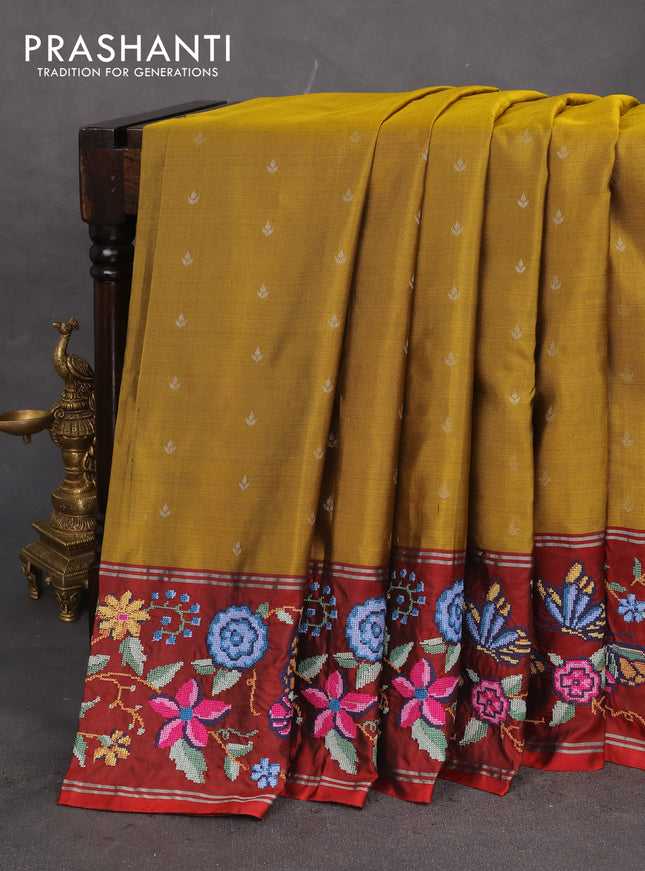 Pure soft silk saree mustard green and maroon with silver zari woven buttas and zari woven kutch embroidery