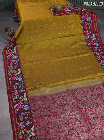 Pure soft silk saree mustard green and maroon with silver zari woven buttas and zari woven kutch embroidery