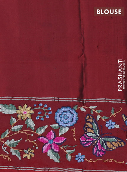 Pure soft silk saree mustard green and maroon with silver zari woven buttas and zari woven kutch embroidery