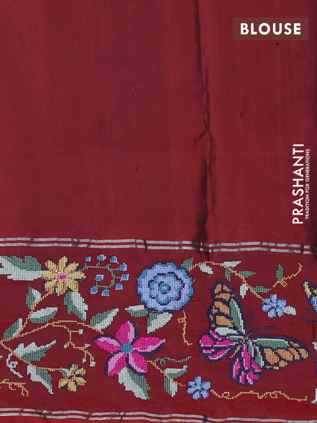 Pure soft silk saree mustard green and maroon with silver zari woven buttas and zari woven kutch embroidery