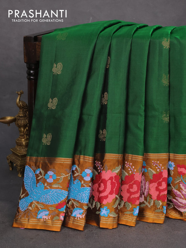Pure soft silk saree green and dark mustard with zari woven buttas and zari woven kutch embroidery