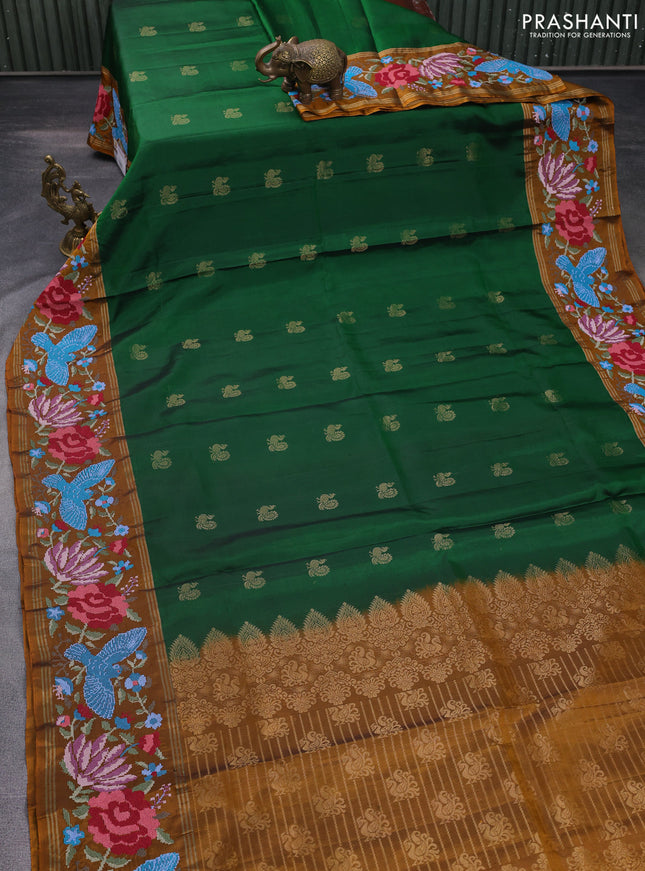 Pure soft silk saree green and dark mustard with zari woven buttas and zari woven kutch embroidery