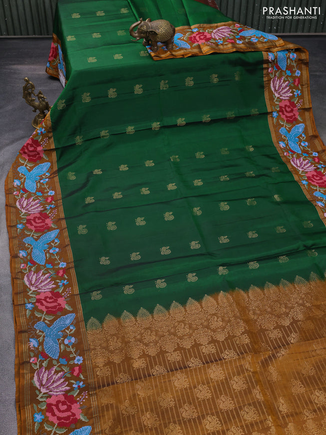 Pure soft silk saree green and dark mustard with zari woven buttas and zari woven kutch embroidery