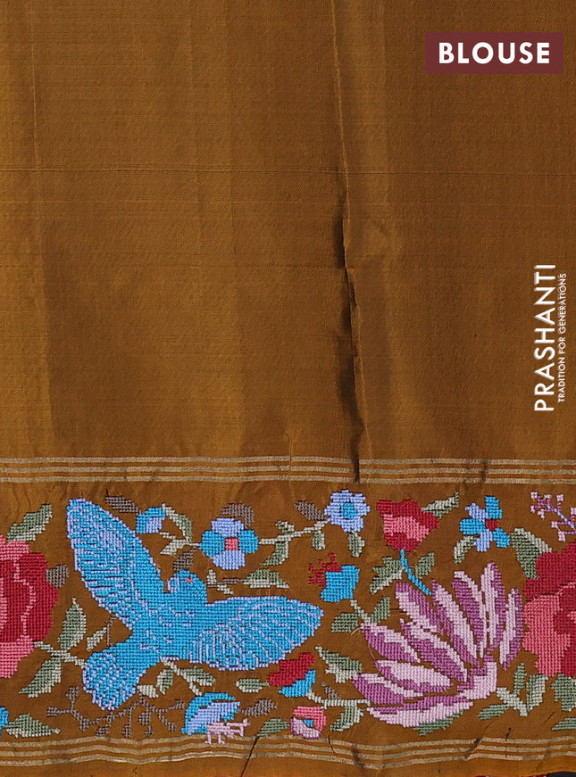 Pure soft silk saree green and dark mustard with zari woven buttas and zari woven kutch embroidery