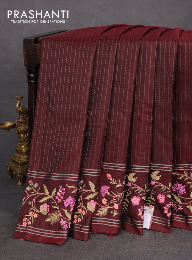 Pure soft silk saree deep maroon with allover silver zari weaves and zari woven floral embroidery border