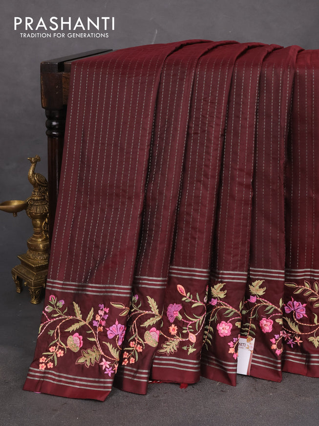 Pure soft silk saree deep maroon with allover silver zari weaves and zari woven floral embroidery border