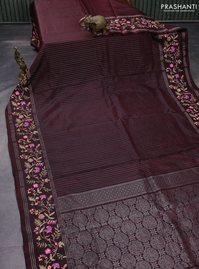 Pure soft silk saree deep maroon with allover silver zari weaves and zari woven floral embroidery border