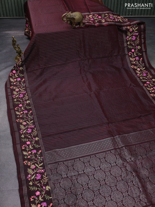 Pure soft silk saree deep maroon with allover silver zari weaves and zari woven floral embroidery border