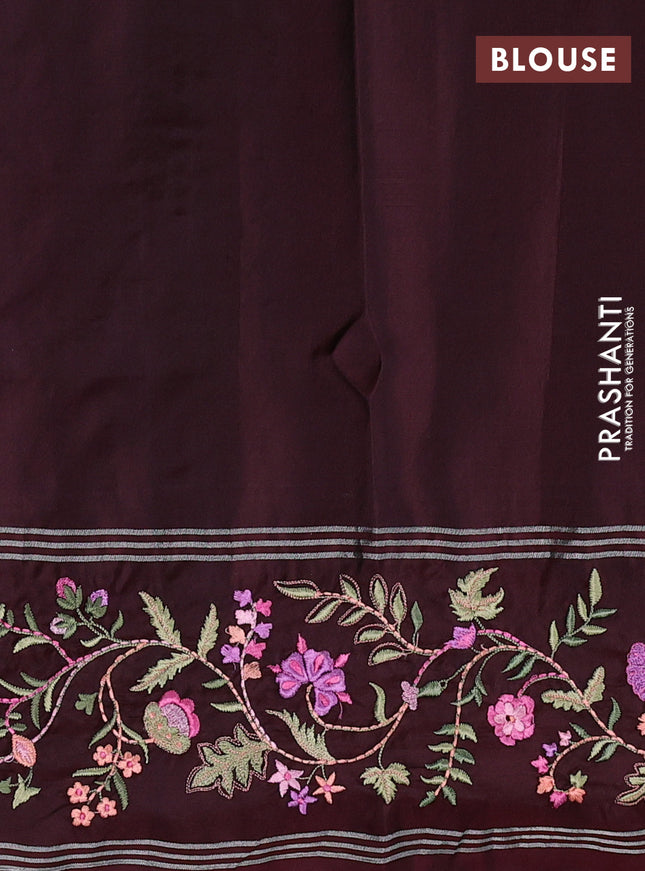 Pure soft silk saree deep maroon with allover silver zari weaves and zari woven floral embroidery border