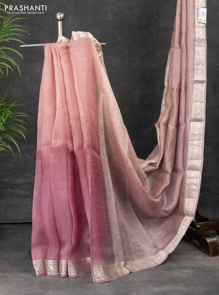 Pure organza partly silk saree pastel pink and pastel peach with allover silver zari weaves and silver zari woven border