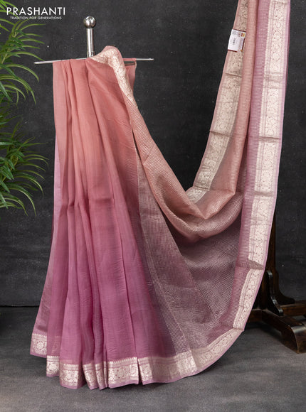 Pure organza partly silk saree pastel pink and pastel peach with allover silver zari weaves and silver zari woven border