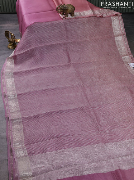 Pure organza partly silk saree pastel pink and pastel peach with allover silver zari weaves and silver zari woven border