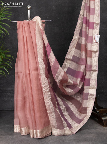 Pure organza partly silk saree pastel pink with silver zari stripe pattern and silver zari woven border