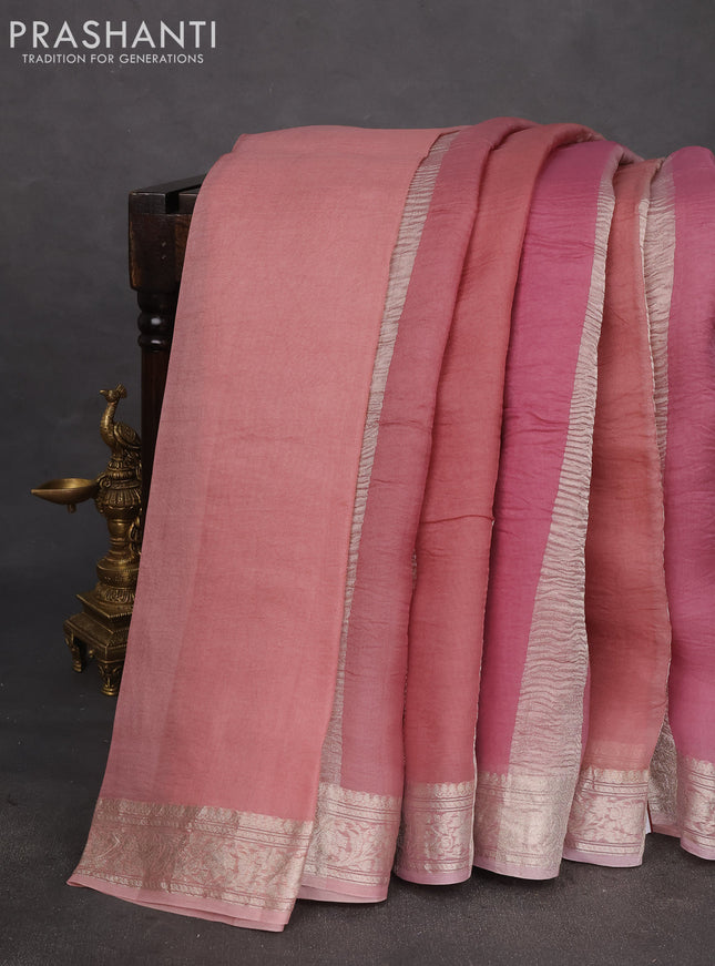 Pure organza partly silk saree pastel pink with silver zari stripe pattern and silver zari woven border