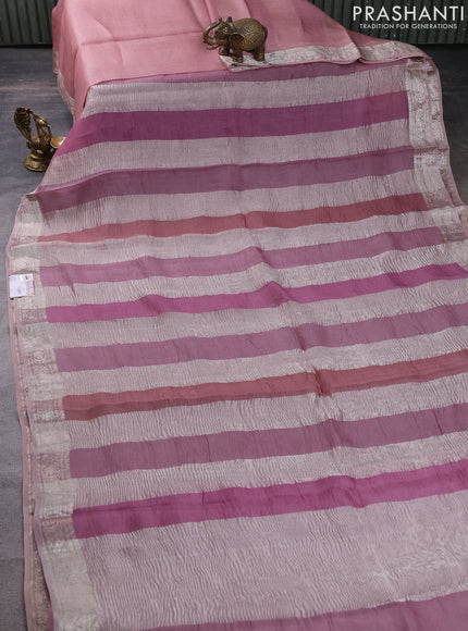 Pure organza partly silk saree pastel pink with silver zari stripe pattern and silver zari woven border