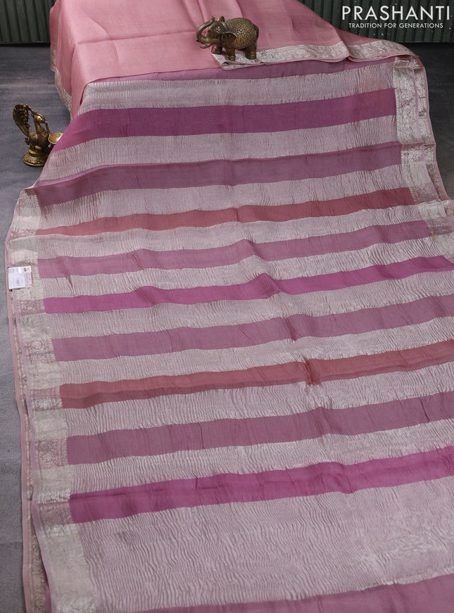 Pure organza partly silk saree pastel pink with silver zari stripe pattern and silver zari woven border