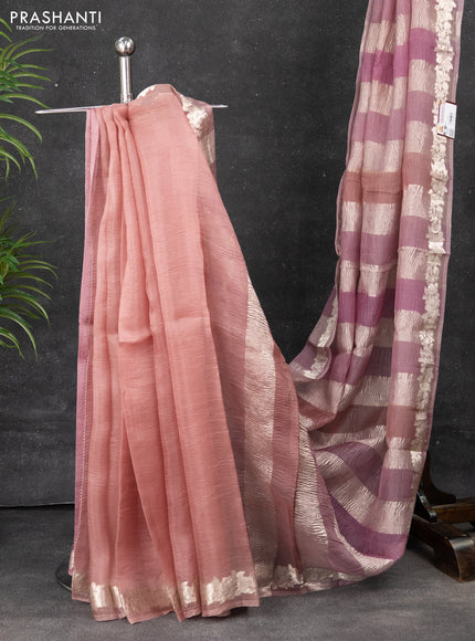 Pure organza partly silk saree pastel pink and pastel peach with silver zari stripe pattern and silver zari woven floral border