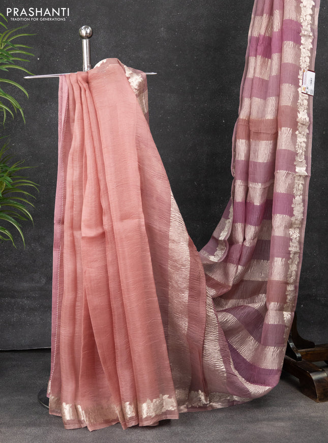 Pure organza partly silk saree pastel pink and pastel peach with silver zari stripe pattern and silver zari woven floral border