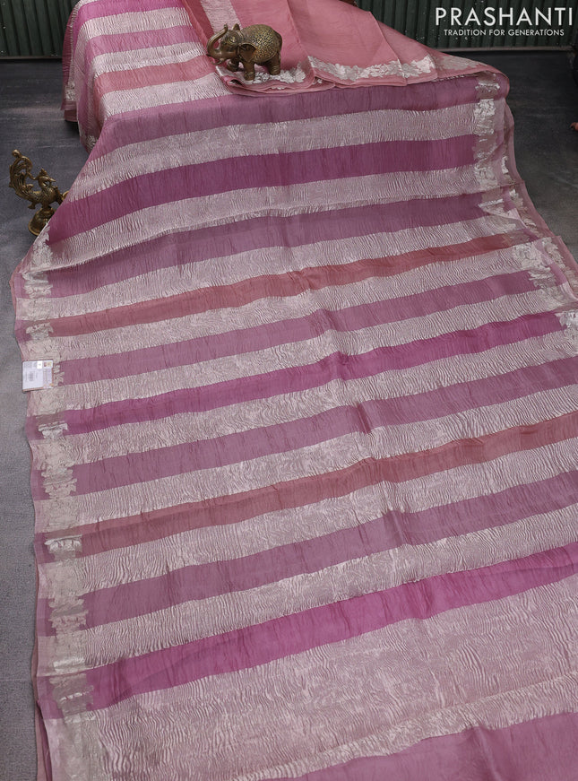 Pure organza partly silk saree pastel pink and pastel peach with silver zari stripe pattern and silver zari woven floral border