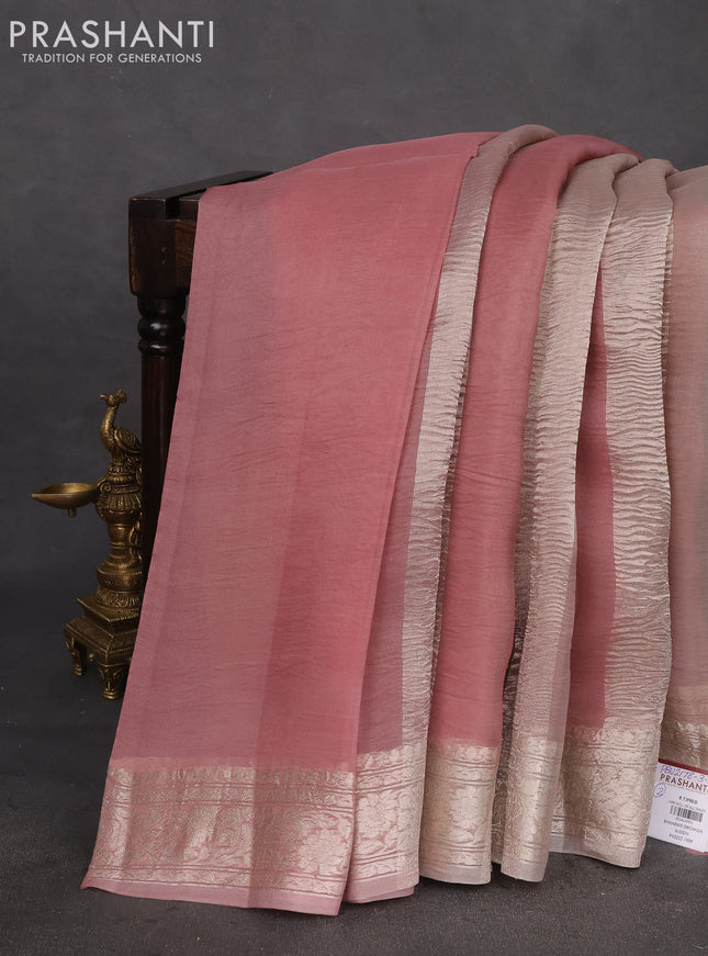Pure organza partly silk saree pastel peach and grey shade with silver zari stripe pattern and silver zari woven border