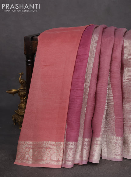Pure organza partly silk saree pastel pink and pastel peach with silver zari stripe pattern and silver zari woven border