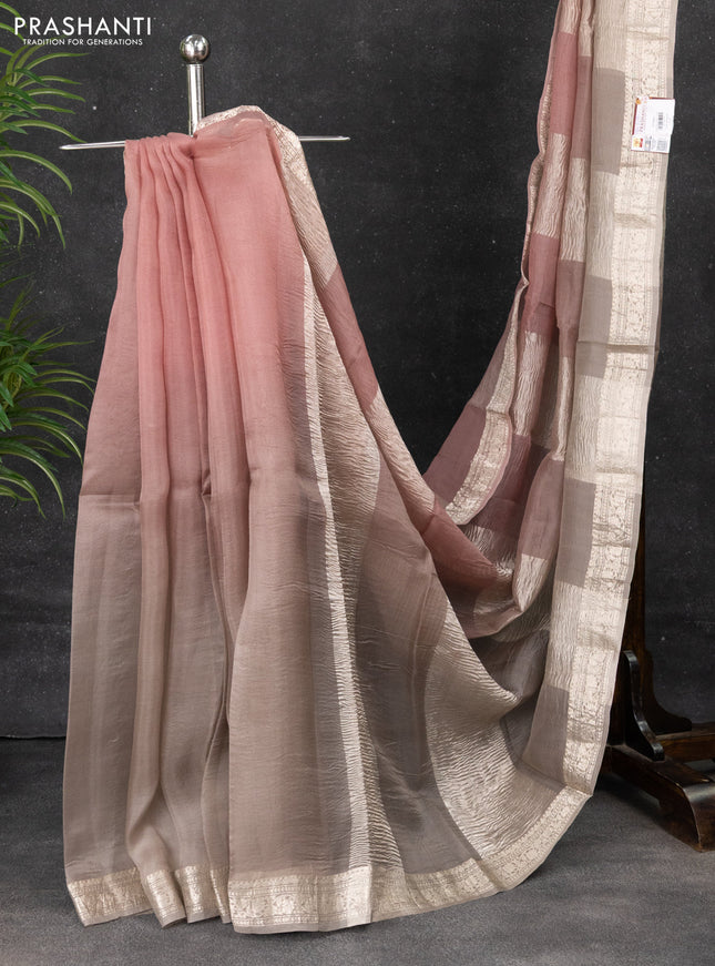 Pure organza partly silk saree grey and pastel peach with silver zari stripe pattern and silver zari woven border