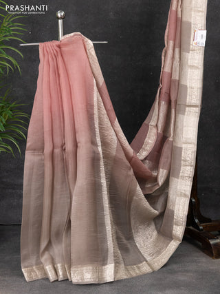 Pure organza partly silk saree grey and pastel peach with silver zari stripe pattern and silver zari woven border
