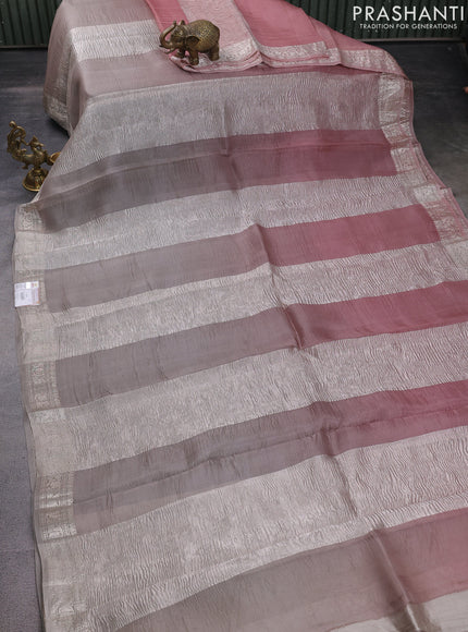 Pure organza partly silk saree grey and pastel peach with silver zari stripe pattern and silver zari woven border