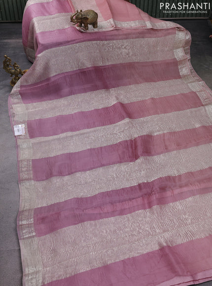 Pure organza partly silk saree pastel peach and pastel pink with silver zari stripe pattern and silver zari woven border