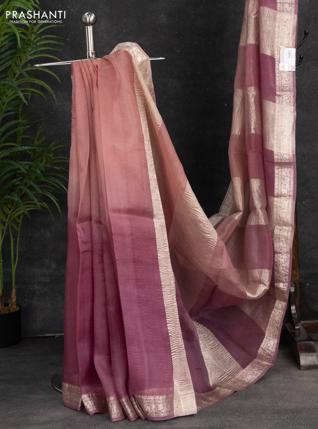 Pure organza partly silk saree pastel peach and pastel pink with silver zari stripe pattern and silver zari woven border